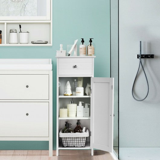 Wooden Storage Free-Standing Floor Cabinet with Drawer and Shelf-White