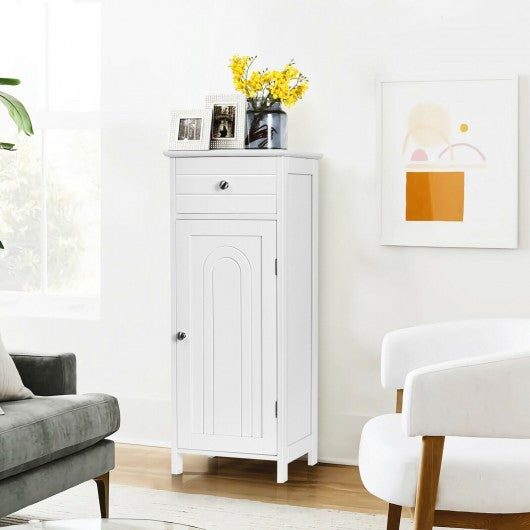 Wooden Storage Free-Standing Floor Cabinet with Drawer and Shelf-White