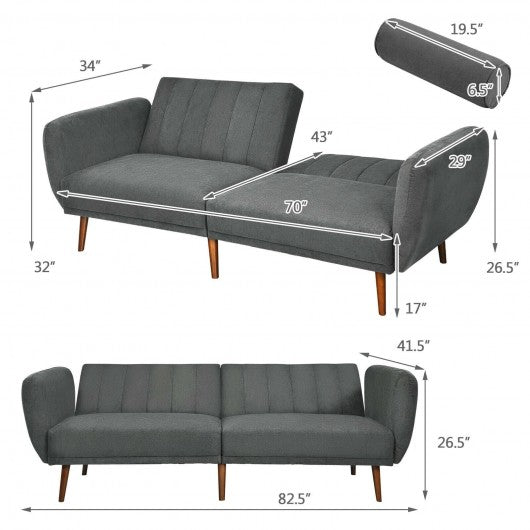 Convertible Futon Sofa Bed Adjustable Couch Sleeper with Wood Legs-Gray