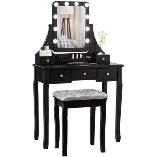 Vanity Dressing Table Set with 10 Dimmable Bulbs and Cushioned Stool-Black
