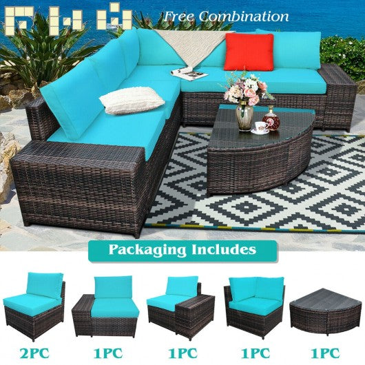 6Pcs Rattan Furniture Cushioned Sofa Set-Turquoise