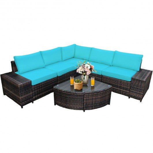 6Pcs Rattan Furniture Cushioned Sofa Set-Turquoise