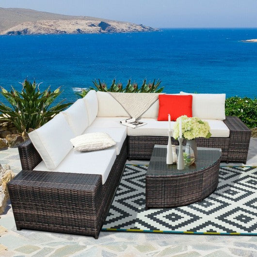 6Pcs Rattan Furniture Cushioned Sofa Set-White