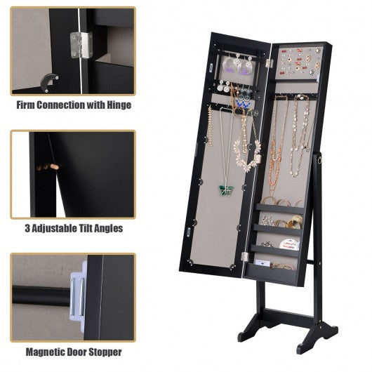 Mirrored Standing Jewelry Cabinet Storage Box-Black