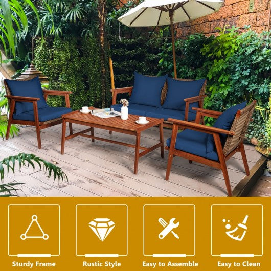 4 Piece  Acacia Wood Patio Rattan Furniture Set-Navy