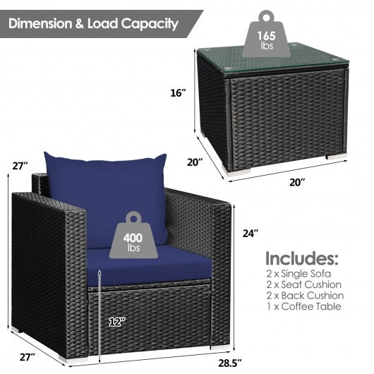 3 Pieces Patio Wicker Furniture Set with Cushion-Navy