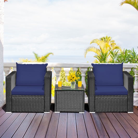 3 Pieces Patio Wicker Furniture Set with Cushion-Navy