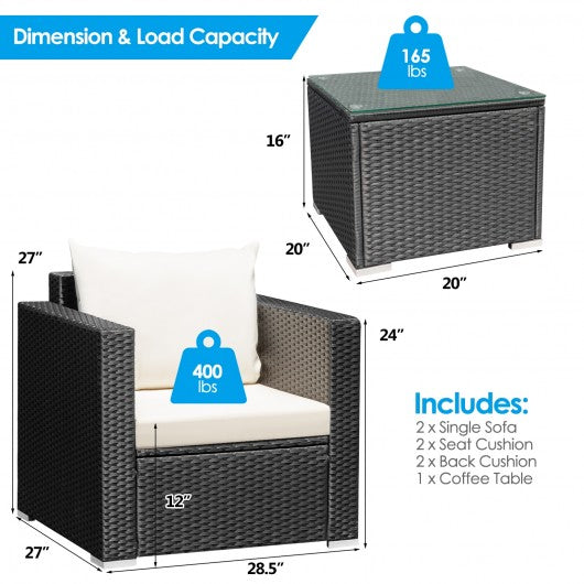3 Pieces Patio wicker Furniture Set with Cushion-White