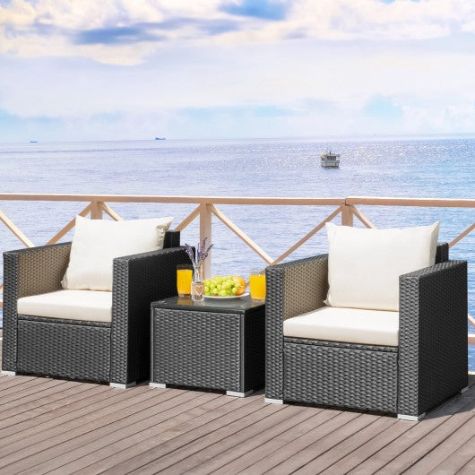3 Pieces Patio wicker Furniture Set with Cushion-White