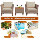 3 Pcs Outdoor Patio Rattan Furniture Set Wooden Table Top Cushioned Sofa