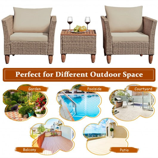 3 Pcs Outdoor Patio Rattan Furniture Set Wooden Table Top Cushioned Sofa