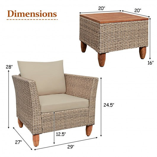 3 Pcs Outdoor Patio Rattan Furniture Set Wooden Table Top Cushioned Sofa