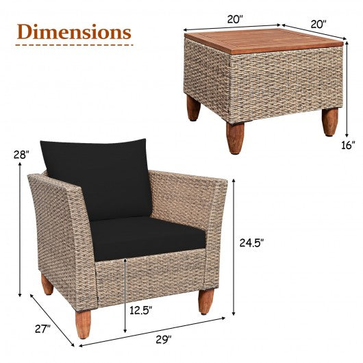 3 Pieces Patio Rattan Bistro Furniture Set-Black