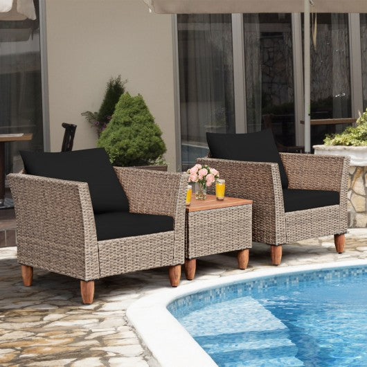 3 Pieces Patio Rattan Bistro Furniture Set-Black