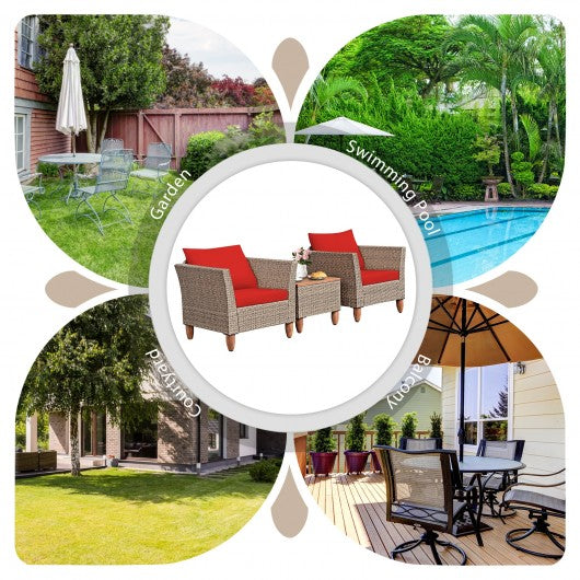 3 Pieces Patio Rattan Bistro Furniture Set-Red