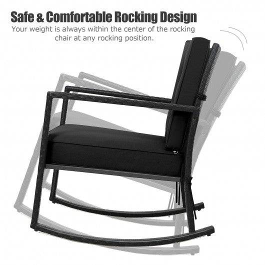 Patio Rattan Rocker Outdoor Glider Rocking Chair Cushion Lawn-Black
