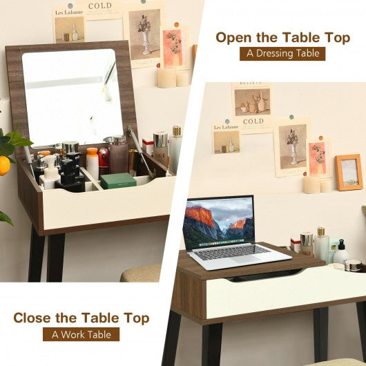 Vanity Table Set with Flip Top Mirror and Padded Stool-Wood