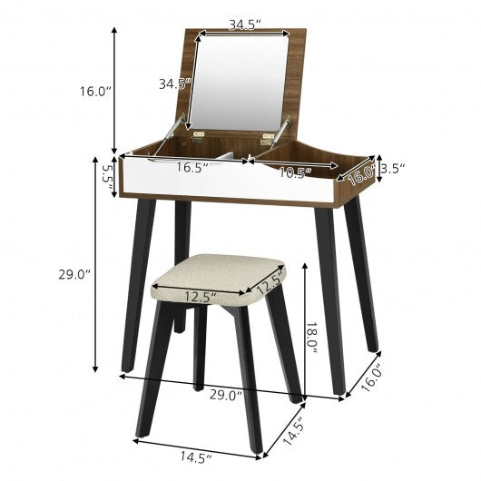 Vanity Table Set with Flip Top Mirror and Padded Stool-Wood
