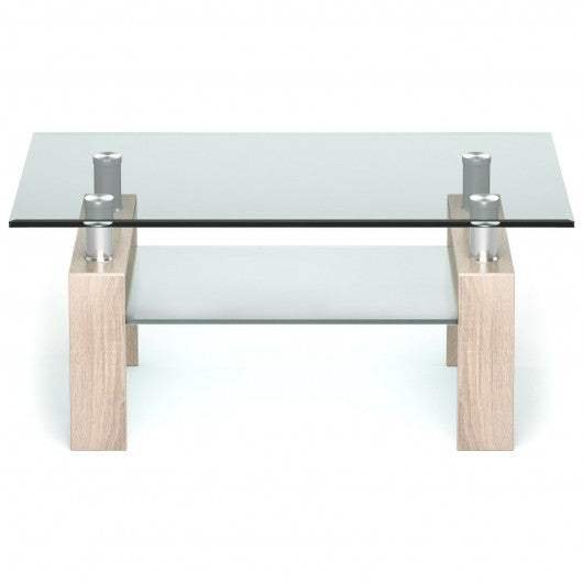 Rectangle Glass Coffee Table with Metal Legs for Living Room-Natural
