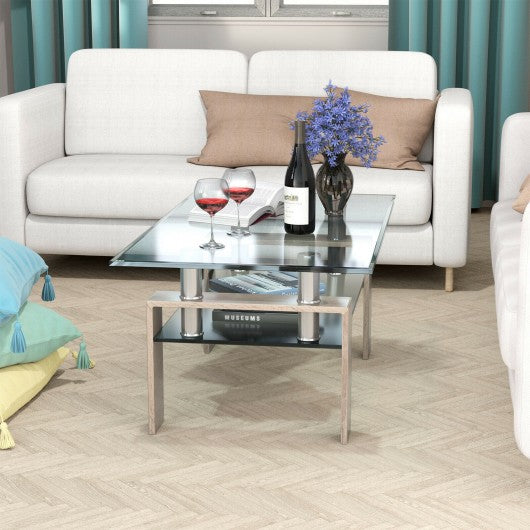 Rectangle Glass Coffee Table with Metal Legs for Living Room-Natural