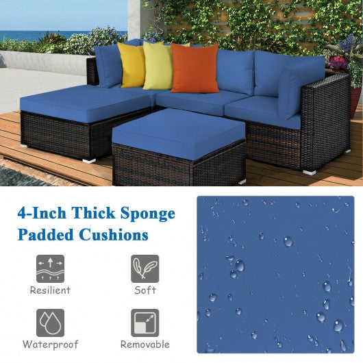 5 Pcs Patio Rattan Sofa Set with Cushion and Ottoman-Navy