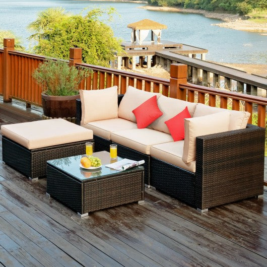 5 Pieces Outdoor Patio Rattan Furniture Set With Cushions-Beige