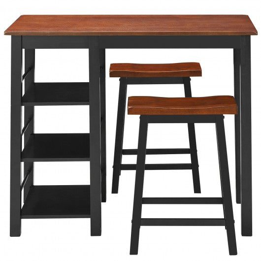 3 Piece Counter Height Dining Table Set with 2 Saddle Stools and Storage Shelves