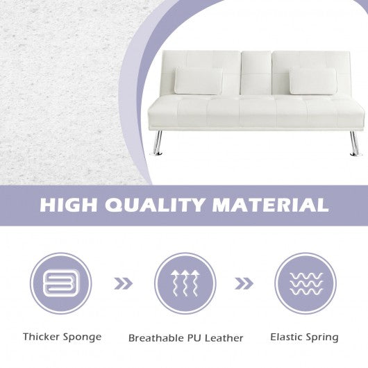 Convertible Folding Leather Futon Sofa with Cup Holders and Armrests-White