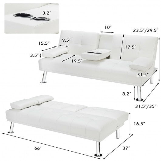 Convertible Folding Leather Futon Sofa with Cup Holders and Armrests-White
