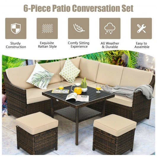 6 Pcs Patio Rattan Dining Sofa Funiture Set