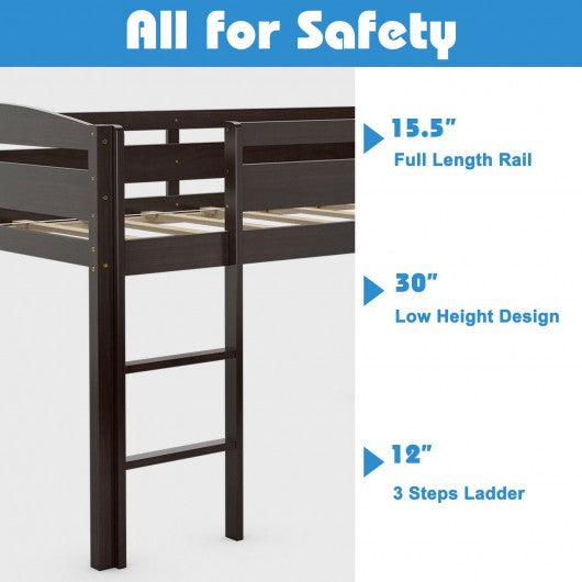 Wooden Twin Low Loft Bunk Bed with Guard Rail and Ladder-Espresso