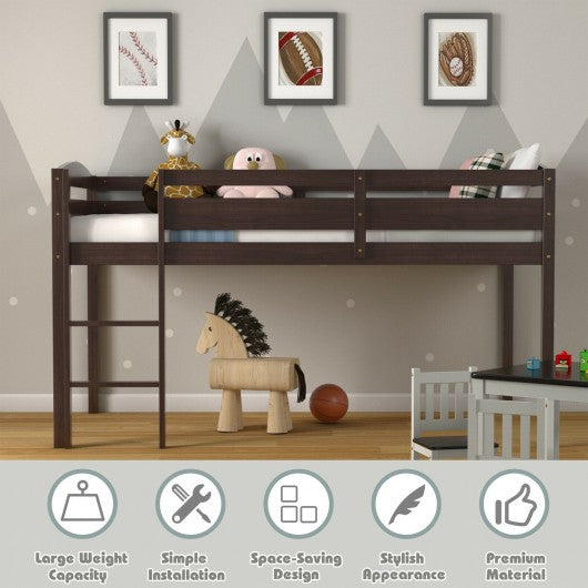 Wooden Twin Low Loft Bunk Bed with Guard Rail and Ladder-Espresso