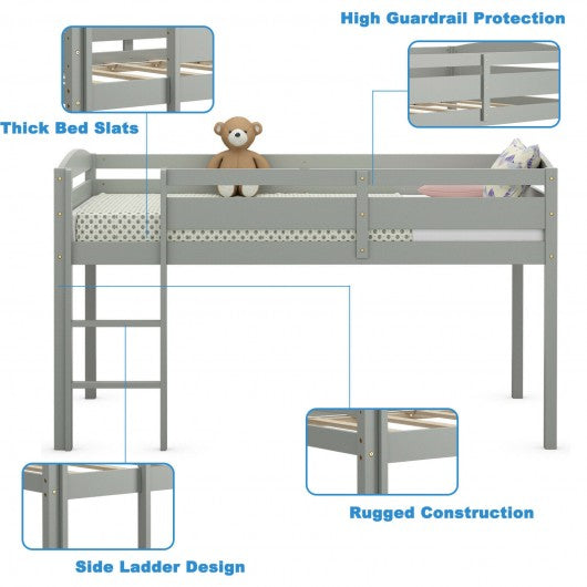 Wooden Twin Low Loft Bunk Bed with Guard Rail and Ladder-Gray
