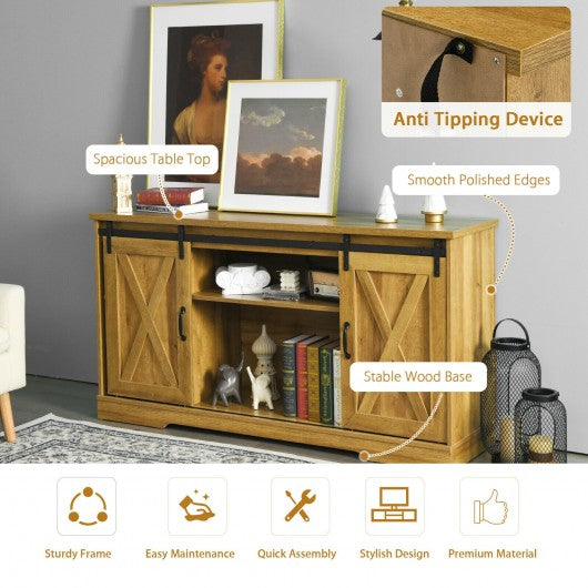 59" TV Stand with Adjustable Shelf and Sliding Barn Door Cabinet-Golden