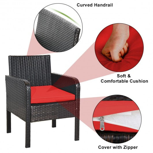 4Pcs Patio Rattan Wicker Furniture Set Conversation Sofa Bench Cushion-Red