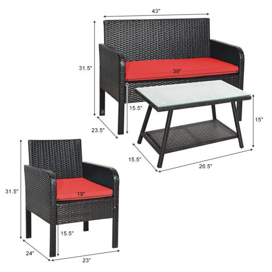 4Pcs Patio Rattan Wicker Furniture Set Conversation Sofa Bench Cushion-Red
