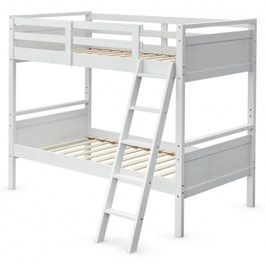 Twin Over Twin Bunk Bed Convertible 2 Individual Beds Wooden -White