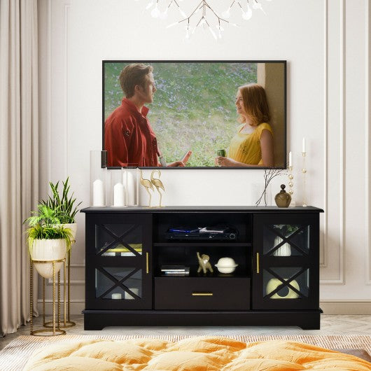 Glass Door TV Stand with Drawer Storage Shelves-Brown