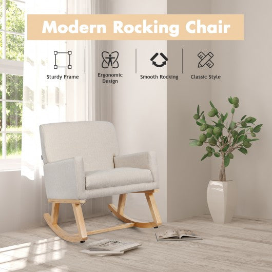 Rocking Chair Upholstered Armchair with Lumbar Support-Beige