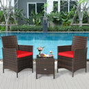 3Pcs Patio Rattan Furniture Set Cushioned Sofa and Glass Tabletop Deck-Red