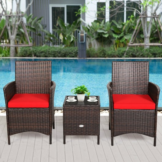 3Pcs Patio Rattan Furniture Set Cushioned Sofa and Glass Tabletop Deck-Red