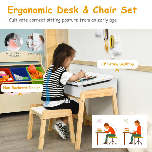 Children Activity Art Study Desk and Chair Set with Large Storage Space for Kids Homeschooling-White