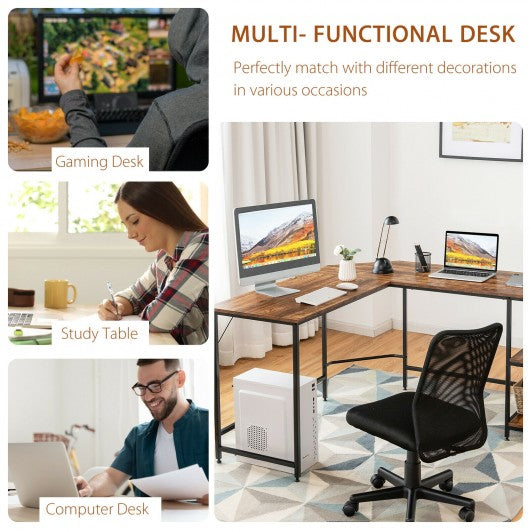 L Shaped Corner Computer Desk with Storage Shelves for Home Office Work-Brown