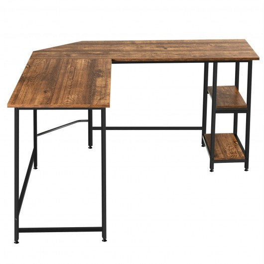 L Shaped Corner Computer Desk with Storage Shelves for Home Office Work-Brown