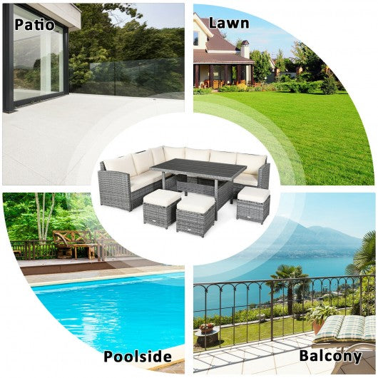 7 Pieces Patio Rattan Dining Furniture Sectional Sofa Set with Wicker Ottoman-White