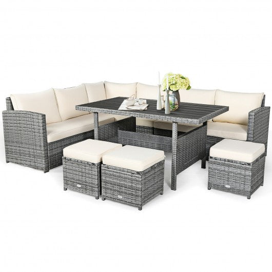 7 Pieces Patio Rattan Dining Furniture Sectional Sofa Set with Wicker Ottoman-White