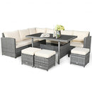 7 Pieces Patio Rattan Dining Furniture Sectional Sofa Set with Wicker Ottoman-White