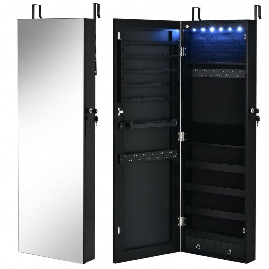Wall Mounted Full Screen Mirror Jewelry Cabinet Armoire wirth 6 LEDs-Black
