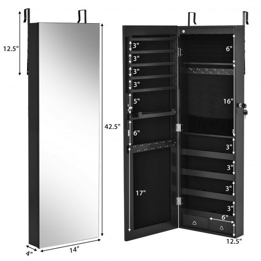 Wall Mounted Full Screen Mirror Jewelry Cabinet Armoire wirth 6 LEDs-Black