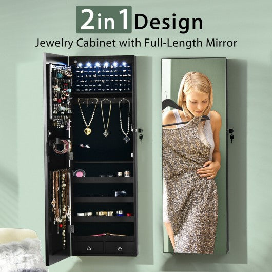 Wall Mounted Full Screen Mirror Jewelry Cabinet Armoire wirth 6 LEDs-Black
